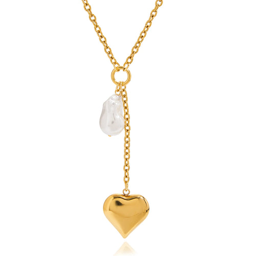 Load image 1 in gallery view. Gold Plating Stainless Steel Waterproof Y Chain Glass Pearl Heart Pendant Necklace Women's Children