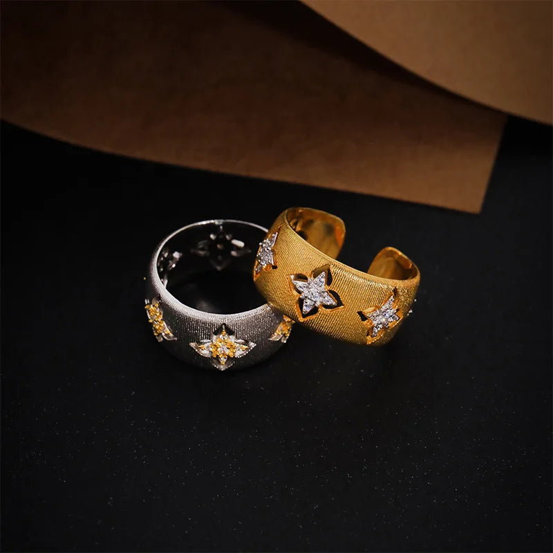 18K Gold Plated Clover Ring – Zircon Open Band, Adjustable