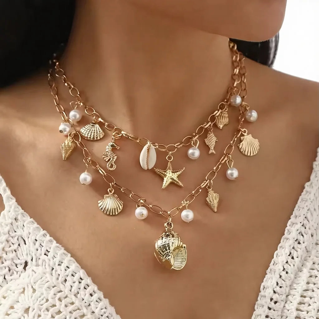 Layered Pearl Necklace with Gold Ocean Starfish Shell Tassel Beach Pendant for Women
