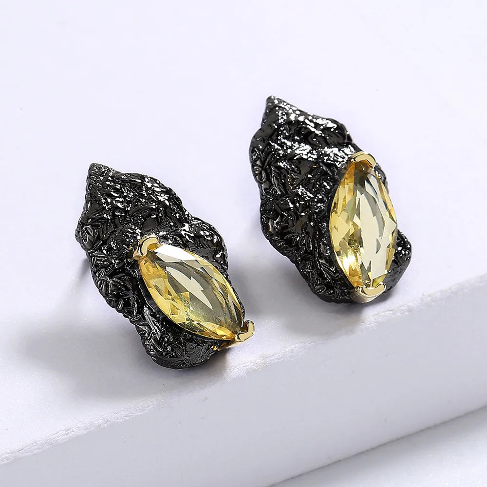 Antique Black Gold Retro Stud Princess Cut Zircon Earrings for Anniversary