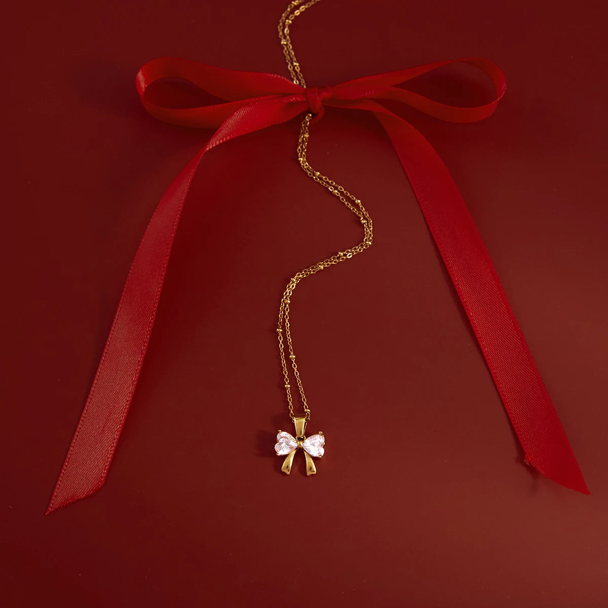 18k Gold Plated Bow White Zircon Pendant Chain