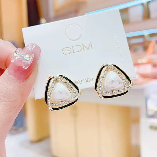 Load image 1 in gallery view. 14K Gold Plated Triangle Pearl Stud Earrings, Geometric Style