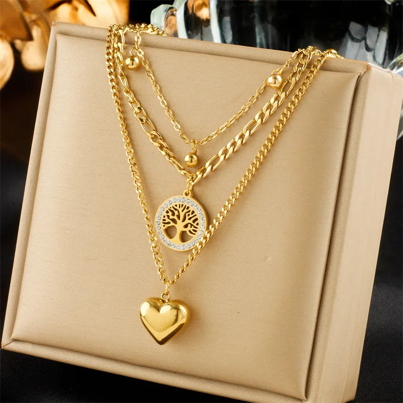 Gold Plated Round Sign Heart Tree of Life Pendant Multi-layer Necklace