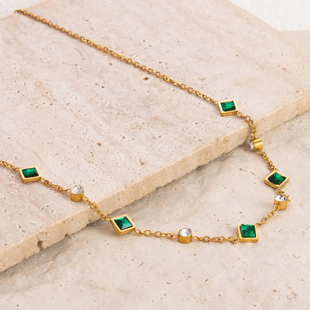 18K Gold Plated  Emerald Zircon Snake Chain Necklace for Women