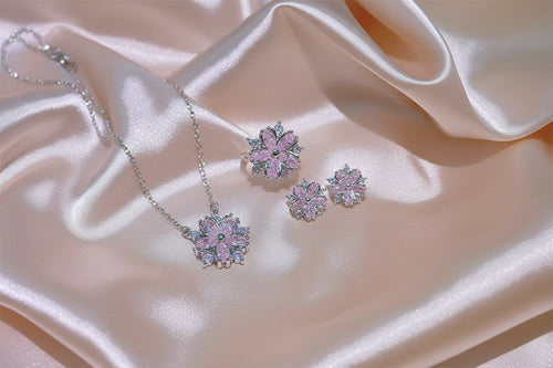 Load image 1 in gallery view. Pink Zircon Flower Shape Necklaces Set For Women Platinum Plated