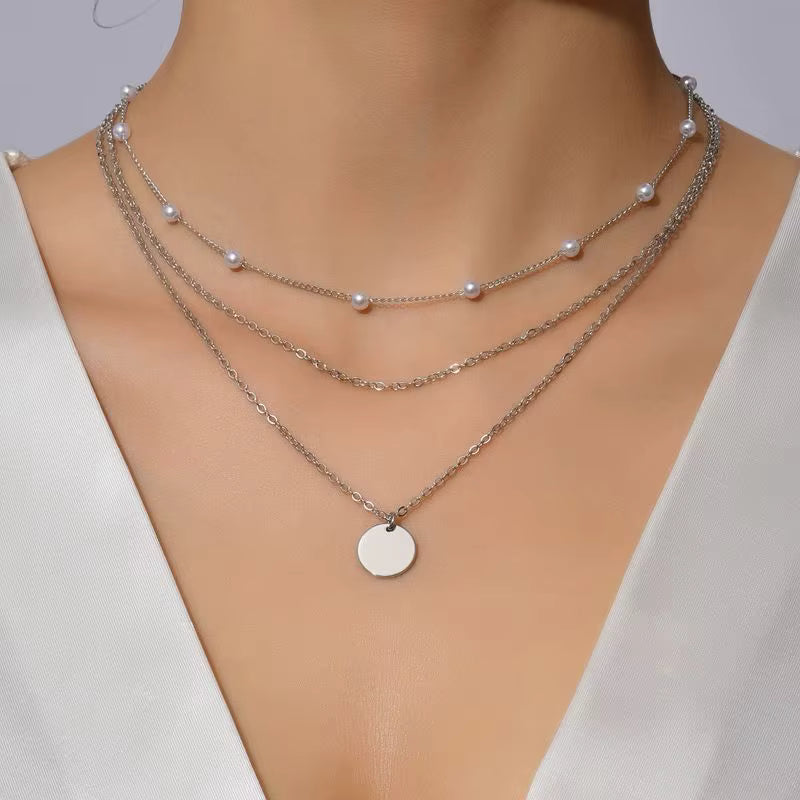 Gold Silver Plated 3 Layers Heart Pearl CZ Chain