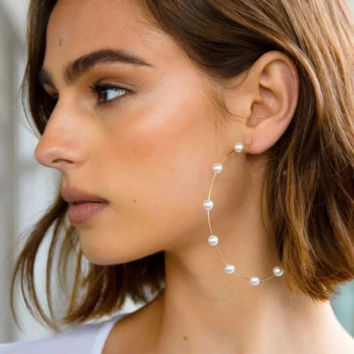 Load image 1 in gallery view. Large Silver And Gold Plated Pearl Hoop Earrings