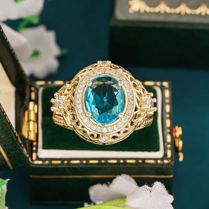 Luxury Oval Shaped Blue Sparkling Zircon Pattern Hollow Design Gold Color Plated Rings for Women Wedding CZ Rings Jewelry