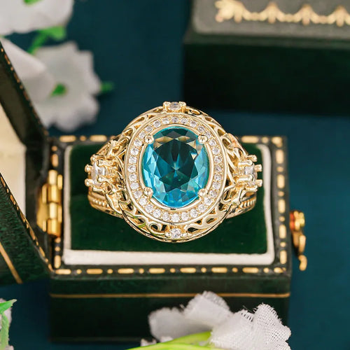 Load image 1 in gallery view. Luxury Oval Shaped Blue Sparkling Zircon Pattern Hollow Design Gold Color Plated Rings for Women Wedding CZ Rings Jewelry