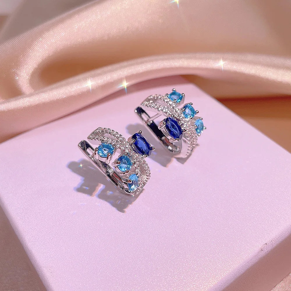 Graceful Geometric Blue Zircon Jewelry Set Platinum Plated Set Necklace, Earrings and Ring