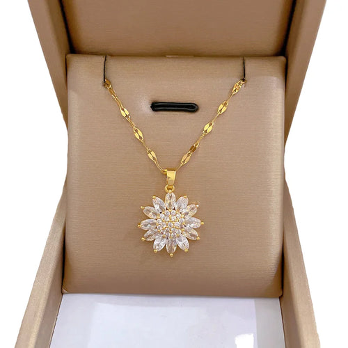 Load image 1 in gallery view. Zircon Crystal Flower Charms Link Chain Sunflower Choker Necklaces 18K Gold Plated for Woman
