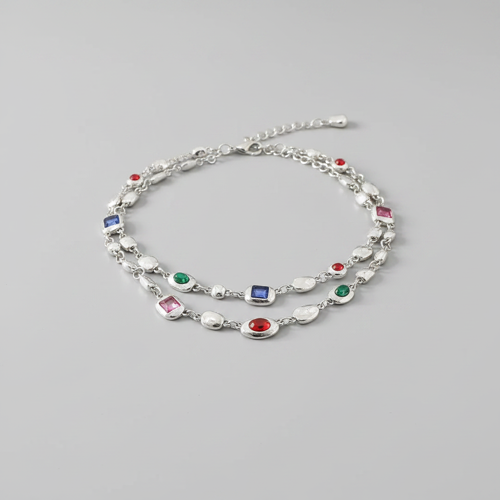 Red Light Blue Double-Layer Diamond-Encrusted Necklace Aged Neckband with Exquisite Beads Chain for Girlish Look