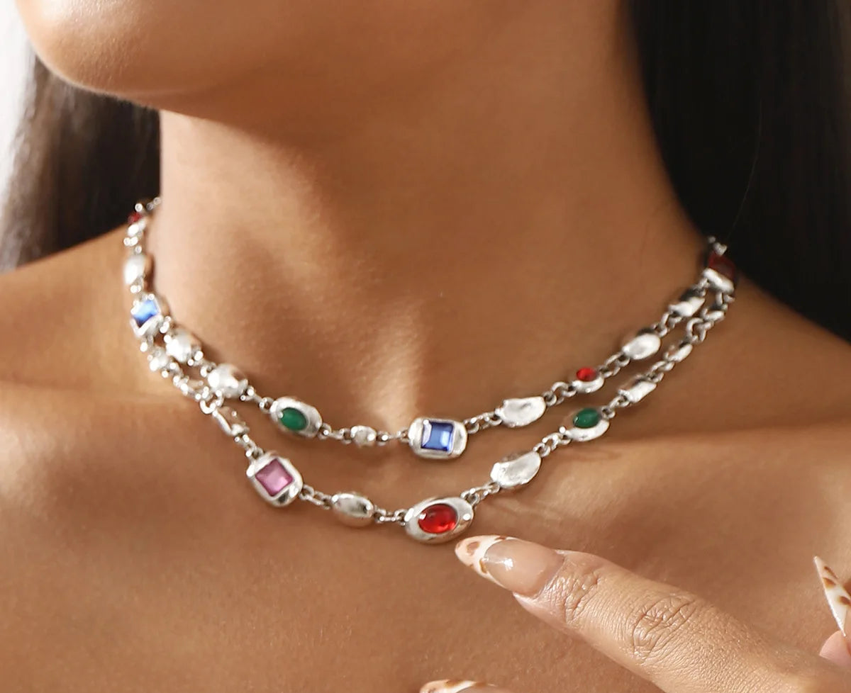 Red Light Blue Double-Layer Diamond-Encrusted Necklace Aged Neckband with Exquisite Beads Chain for Girlish Look