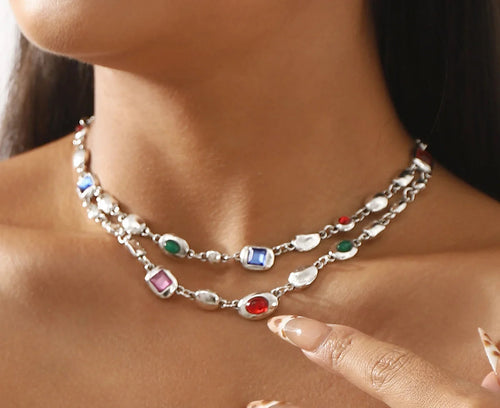 Load image 1 in gallery view. Red Light Blue Double-Layer Diamond-Encrusted Necklace Aged Neckband with Exquisite Beads Chain for Girlish Look