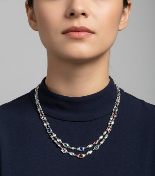Load image 1 in gallery view. Red Light Blue Double-Layer Diamond-Encrusted Necklace Aged Neckband with Exquisite Beads Chain for Girlish Look