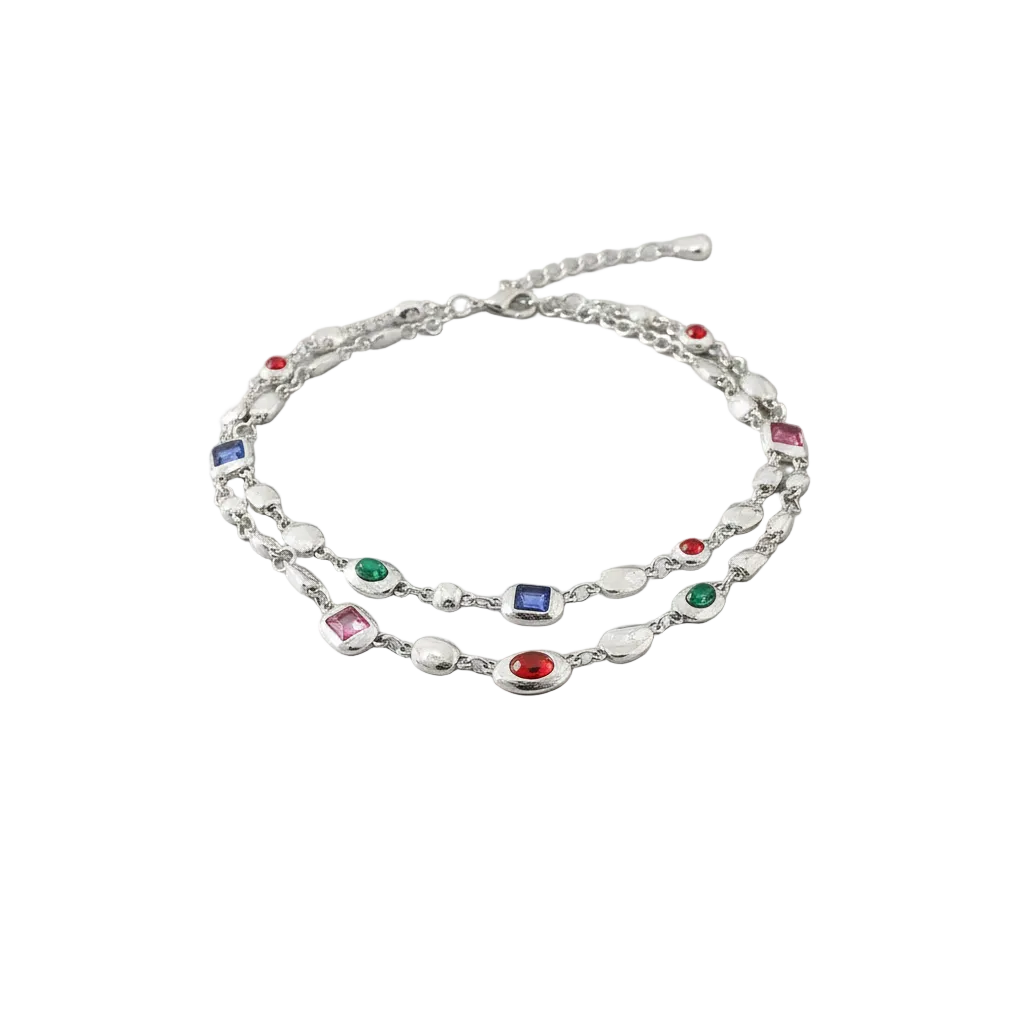 Red Light Blue Double-Layer Diamond-Encrusted Necklace Aged Neckband with Exquisite Beads Chain for Girlish Look