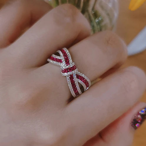 Load image 1 in gallery view. Silver Plated Bowknot Design Red Blue Zirconia Ring Women for Party