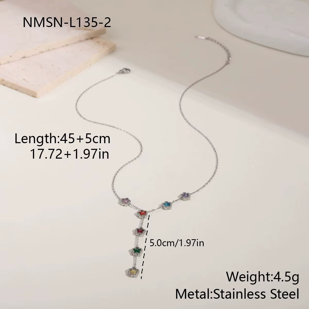 Gold and Silver Stainless Steel Y Necklace - Colorful Zircon Fringe Pendant