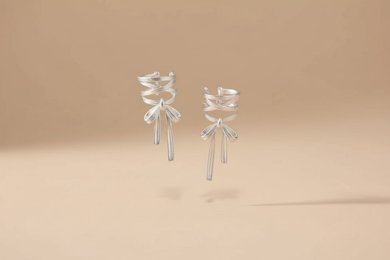 White Ribbon Ear Bone Clip Earrings