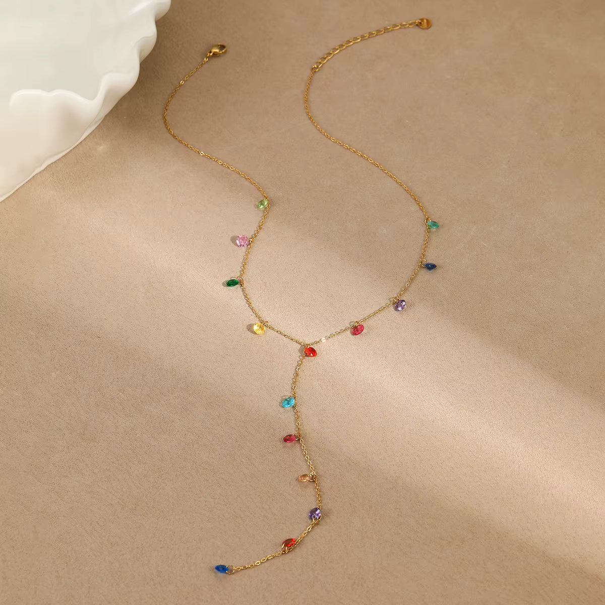 Gold Plated Y Necklace Multi Color Zircon Fringe Pendant Dainty Women's Jewelry Gift
