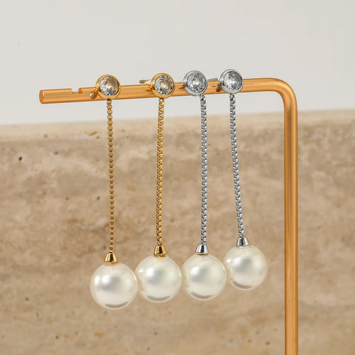Load image 1 in gallery view. Gold and Silver Plated Pearl Zircon Drop Earrings Stainless Steel Waterproof Non-Tarnish Chain