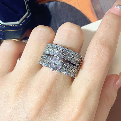 Load image 1 in gallery view. Platinum Plated Two-piece Ring with CZ for Wedding Gift