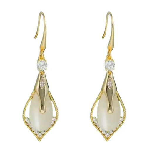 Load image 1 in gallery view. Long Drop Pendant Dangling Earrings Geometric Diamond Studded Cat Eye Stone Earrings