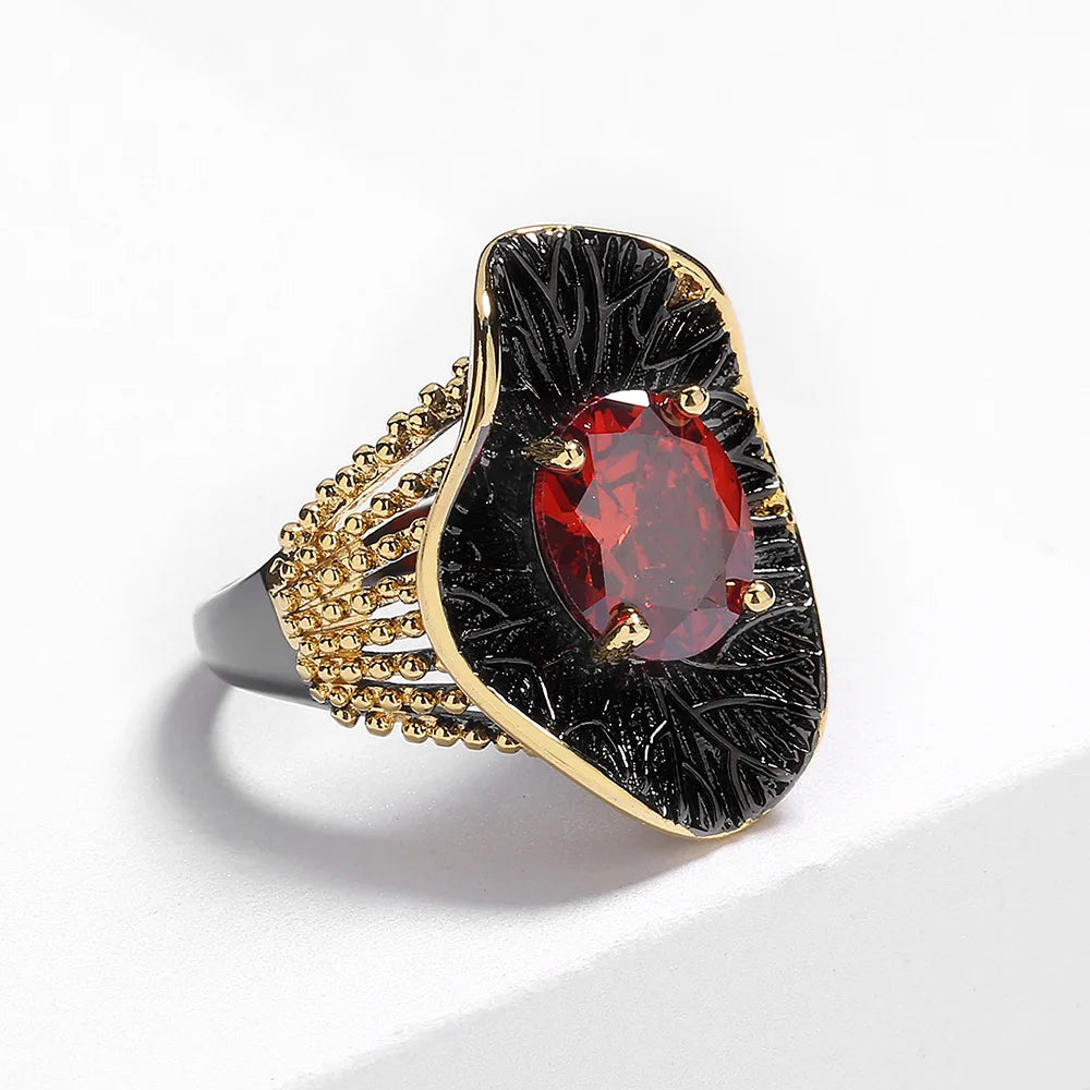 Vintage Court Style Oval Red Zirconia Antique Ring for Women