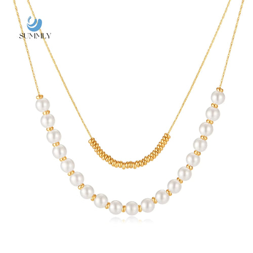 Load image 1 in gallery view. 18K Gold Plated  Double Layers Stacked Pearls Collarbone Chain Drop Necklace