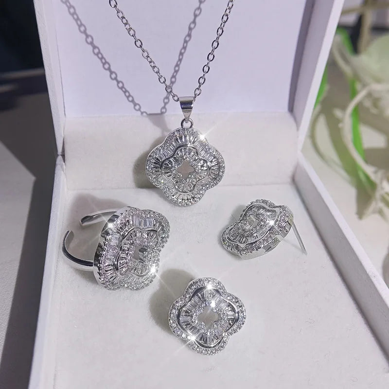 Elegant Leaf Zircon Jewelry Set Platinum Plated Necklace Earrings Ring