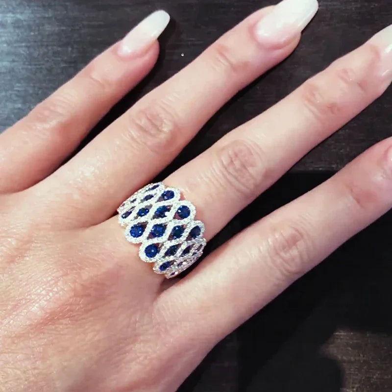 Dainty Geometric Hollow Design Inlaid Blue Zircon Wide Rings for Women Engagement Silver Color Plated Jewelry Rings