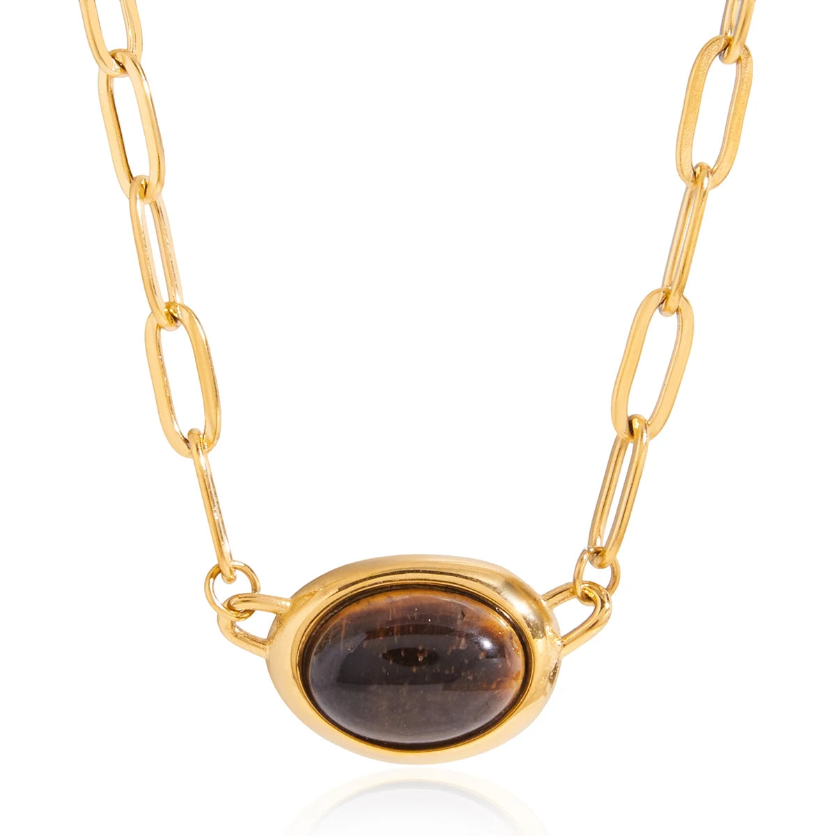 18K PVD Gold Plate Classic Vintage Tiger Eye Stone Clip Chain Necklace