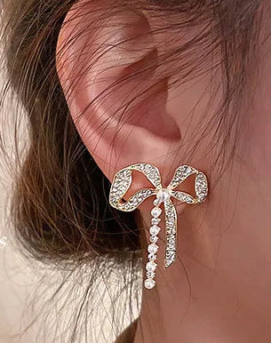 Bow Pearl Drop Earrings | Gold Rhinestone Bowknot Studs