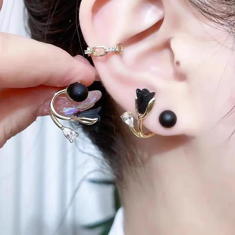 Gold Plated Diamond Earrings Crystal Ginkgo Red Flower Pearl Tulip Stud Earrings