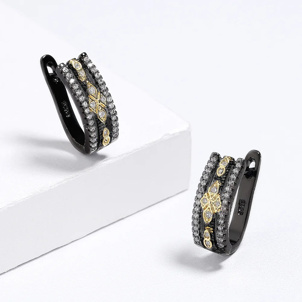 Vintage Antique Black Rhodium Plated Zircon Stud Earrings for Women Geometric Shape