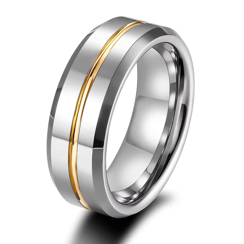 24K Gold Plated 8mm Wedding Band Customized High Polished Gold Inlay Tungsten Carbide Ring for Men