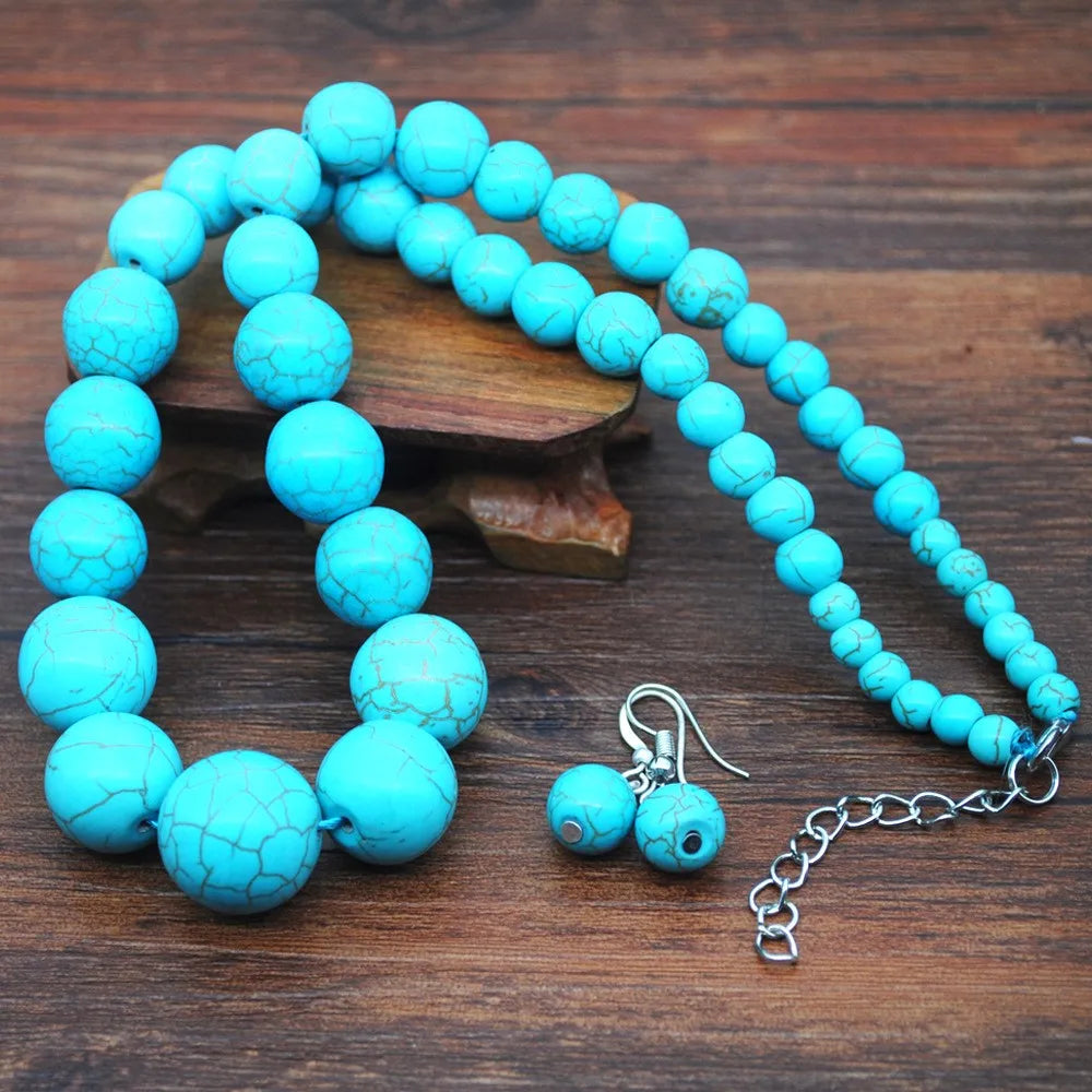 Turquoise Bead Necklace & Earrings Set - Handmade Boho Jewelry