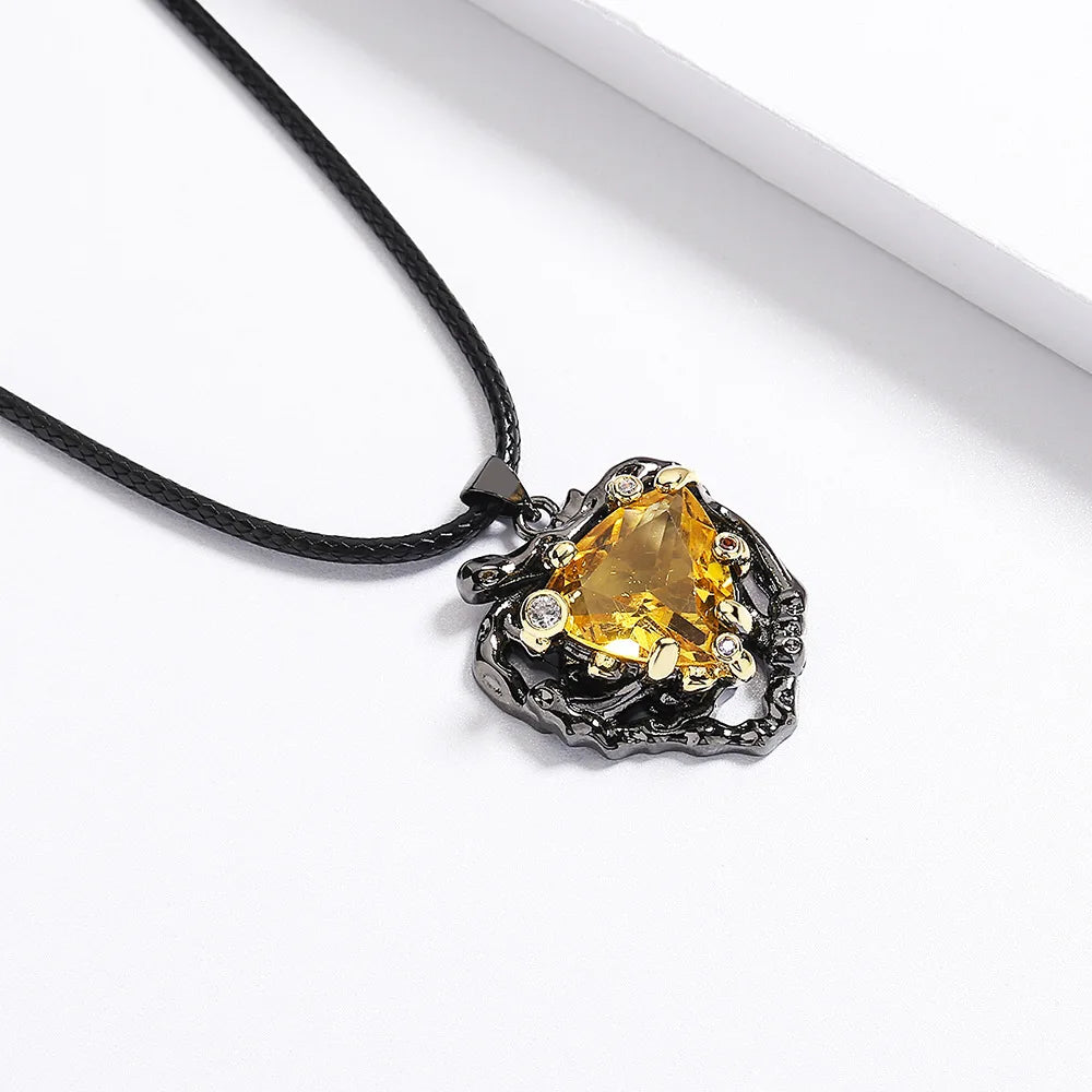Retro Style Unique Exaggerated Gothic Black Plated 5A Yellow Zircon Antique Necklace for Women Party