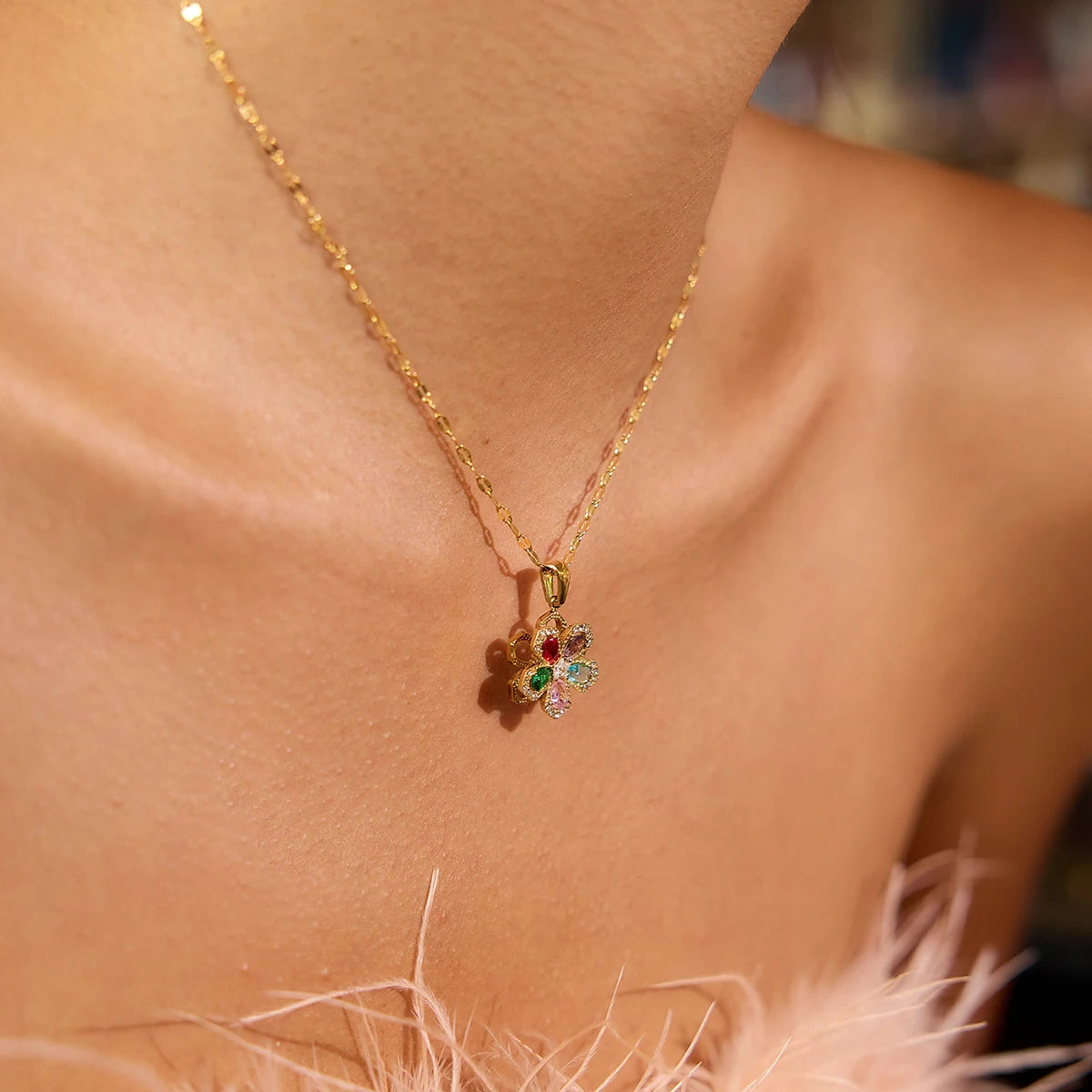 Anti Stress Necklace Classic Zircon Fidget Spinner Flower Rotatable Pendant Necklace