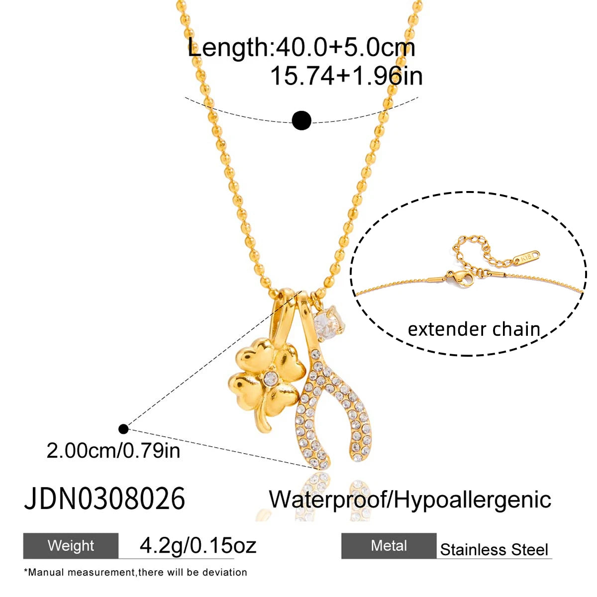 Zircon Four Leaf Clover Wishbone Bead Chain Lucky Charms Necklace Waterproof/Hypoallergenic