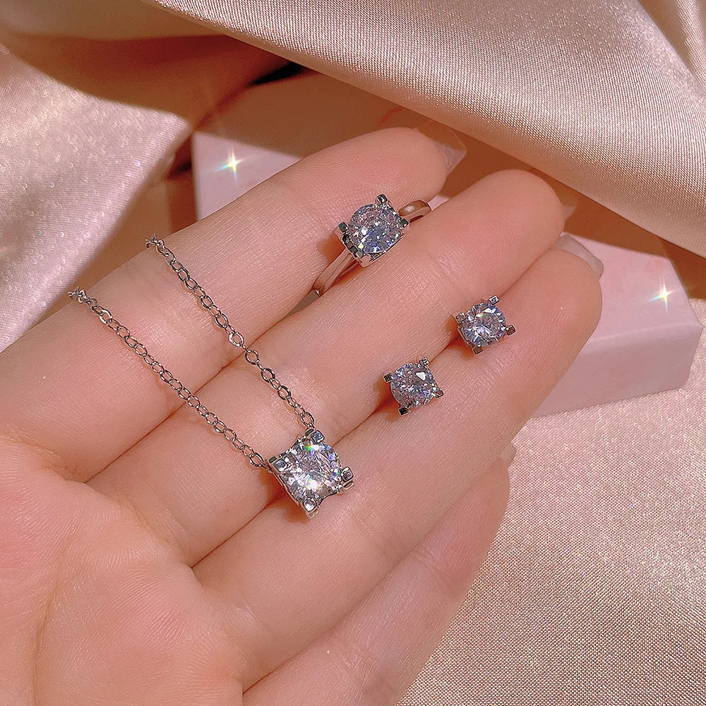 Elegant Shine Geometric Zircon Necklace Set Platinum Plated Fashion Jewelry