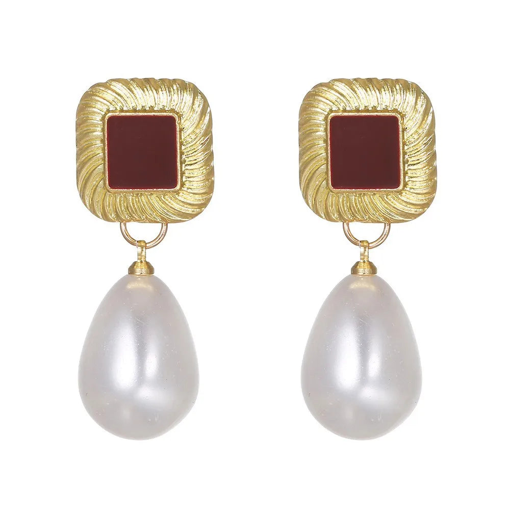 Gold Plated Pearl Teardrop Stud Earrings Creative Retro Square Design