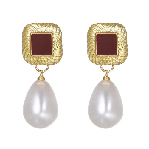 Load image 1 in gallery view. Gold Plated Pearl Teardrop Stud Earrings Creative Retro Square Design