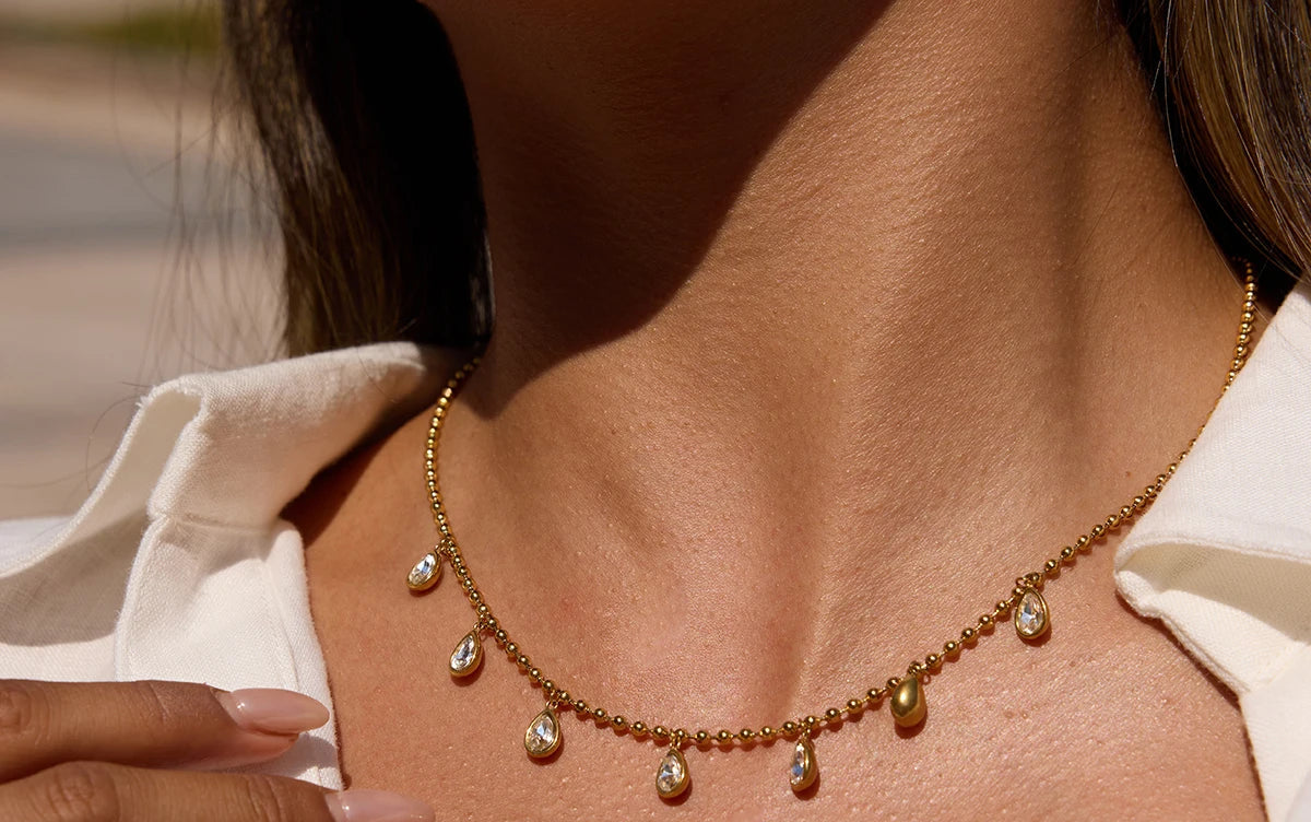 18K Gold Plated Trendy Classic Round White Zircon Pendant Bead Necklace