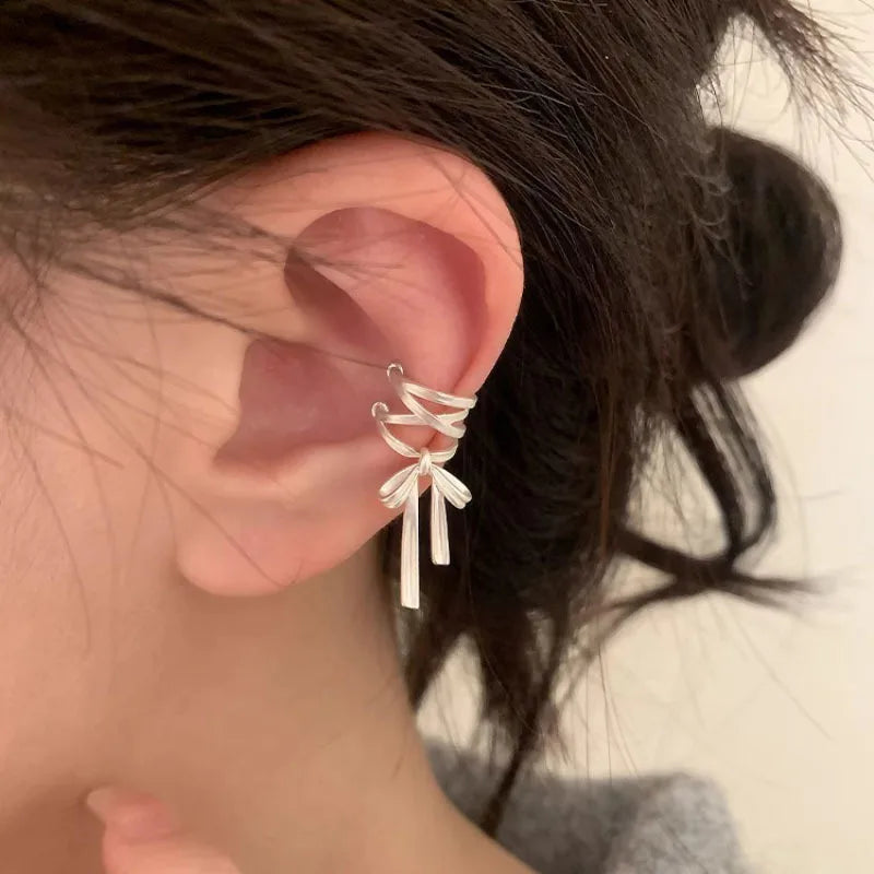 White Ribbon Ear Bone Clip Earrings