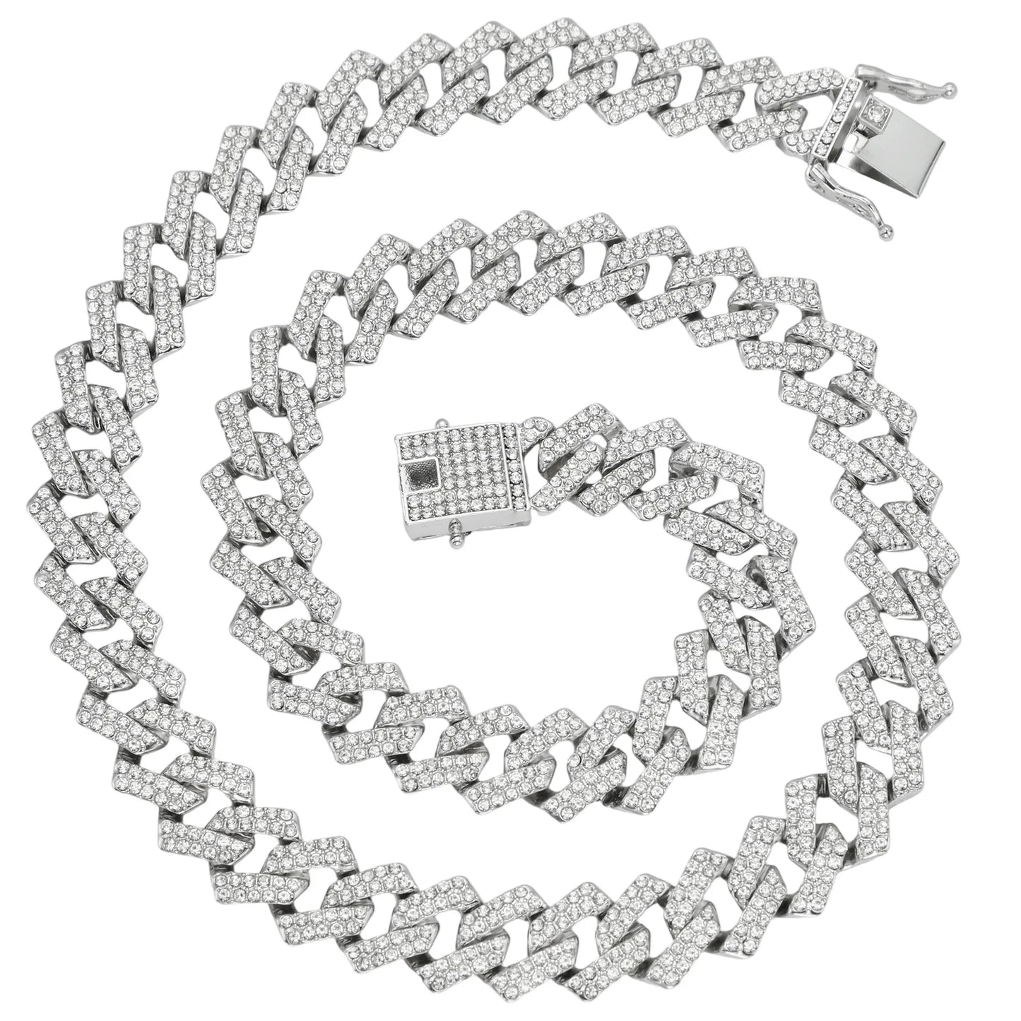 Silver and Gold Plated Link Chain Double Row Four-Sided Hip Hop Necklace