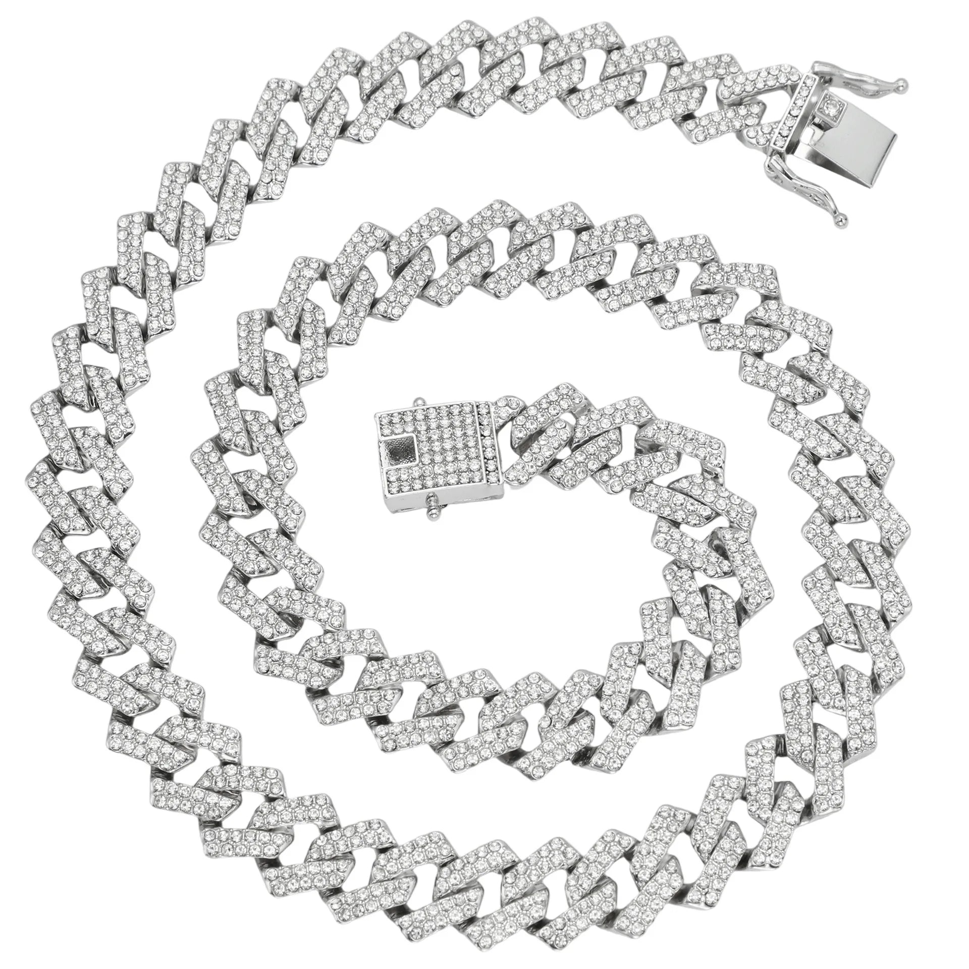 Silver and Gold Plated Link Chain Double Row Four-Sided Hip Hop Necklace