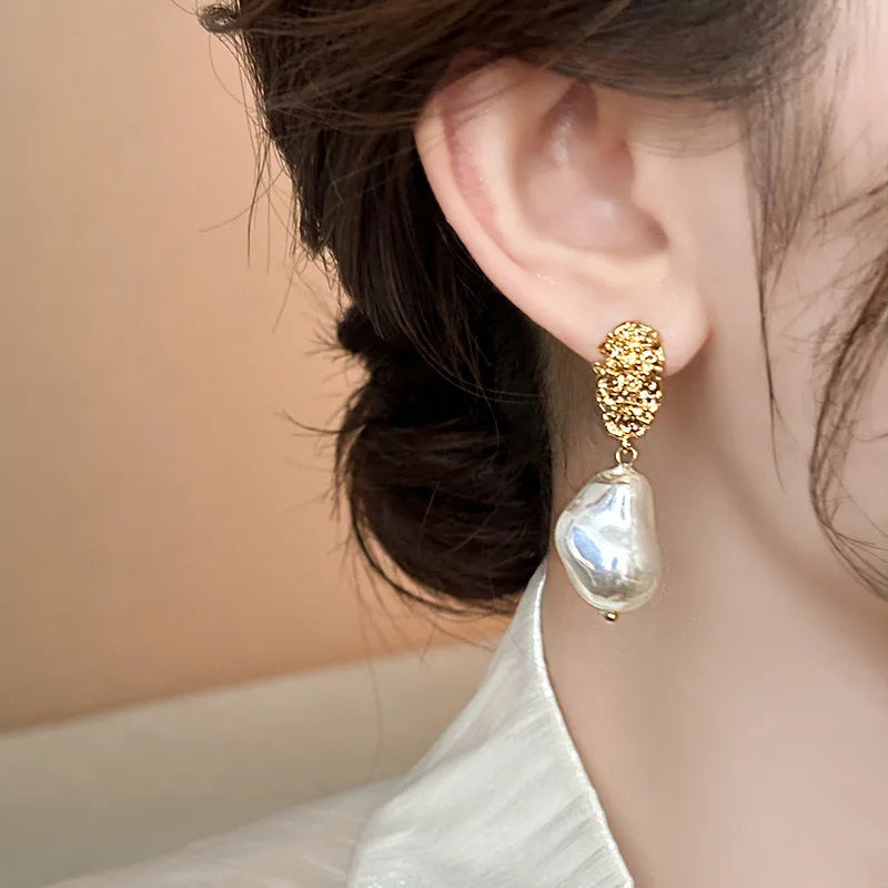 Silver Pleated Geometric Irregular Pearl Gold Plated Earrings