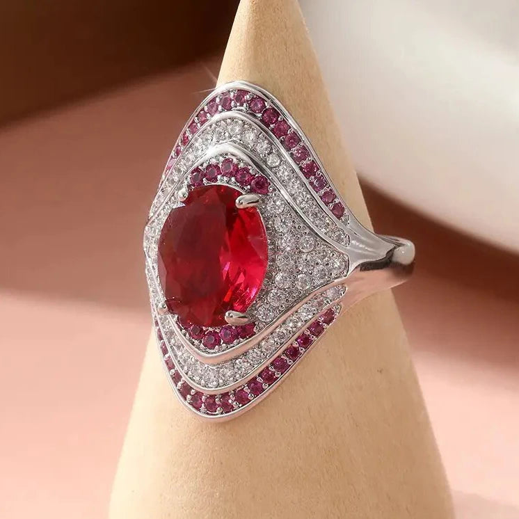 Silver Plated Exquisite Oval Shaped Design Red/Pink Brilliant Cubic Zirconia Wide Rings