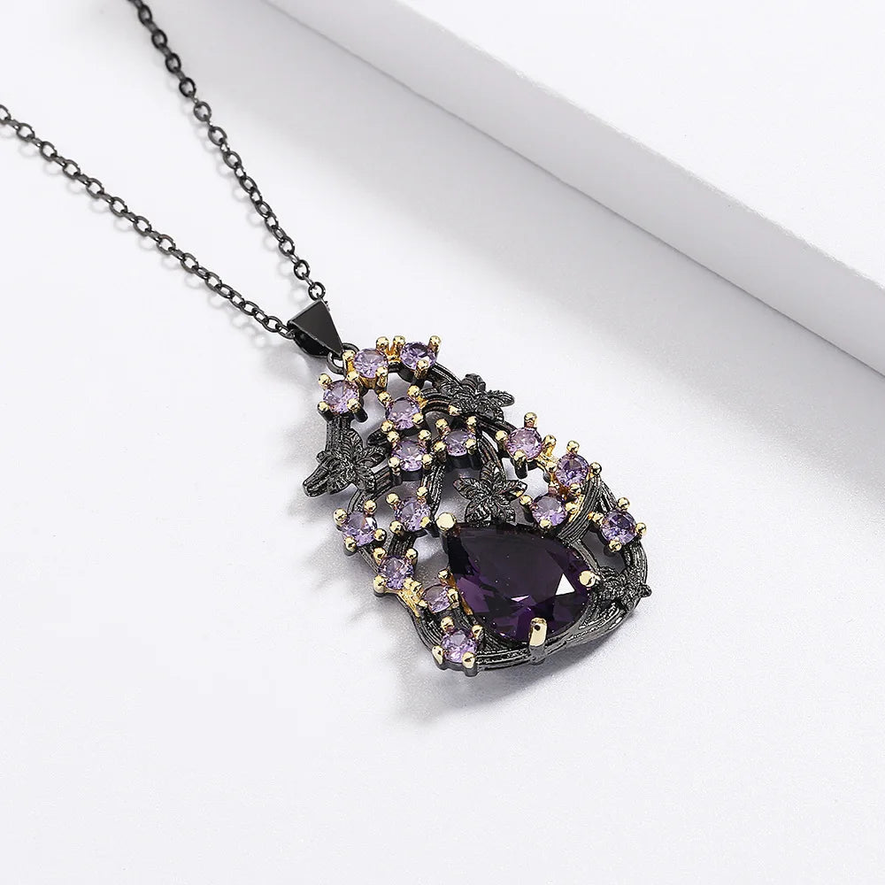 Retro Style Gothic Black Rhodium Plated Hollow Branch Purple Zircon Necklace for Women